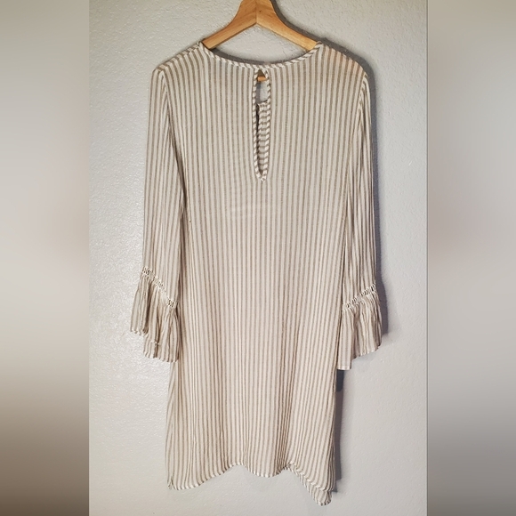 💚5/$25 Blue Island Beige & White Striped Topan Beach Tunic Tassel Boho Dress - Picture 7 of 8